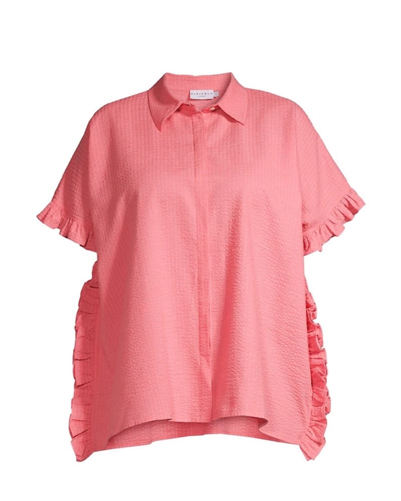Front of a size 1X Darcy Shirt in Rose Pink Seersucker by HARSHMAN. | dia_product_style_image_id:315181